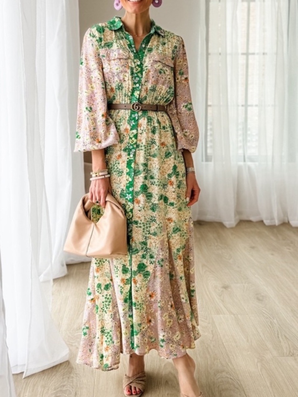 LOFT Godet Floral Maxi Shirtdress Mixed Print Balloon Sleeve Cottagecore XS
